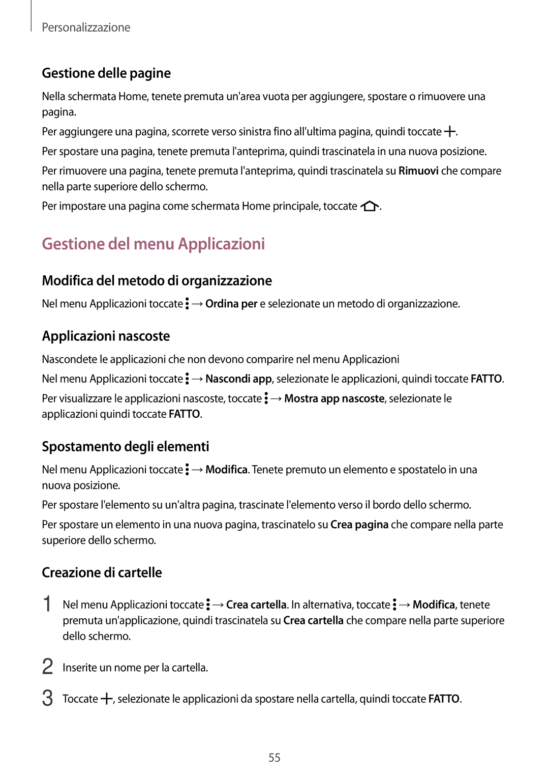 Samsung SM-A700FZKAITV, SM-A700FZKADBT, SM-A700FZWADBT, SM-A700FZWAXEF, SM-A700FZDASEE manual Gestione del menu Applicazioni 