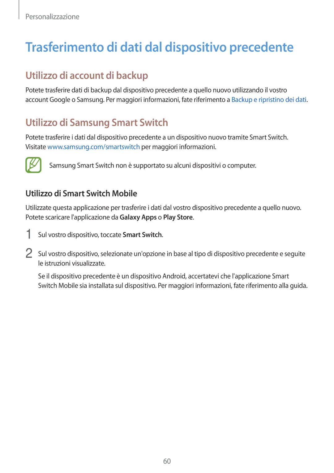 Samsung SM-A700FZKAXEO Utilizzo di account di backup, Utilizzo di Samsung Smart Switch, Utilizzo di Smart Switch Mobile 