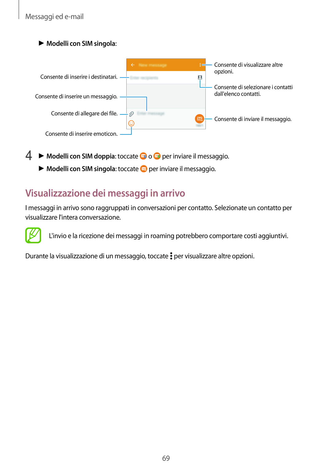 Samsung SM-A700FZKASEE, SM-A700FZKADBT, SM-A700FZWADBT manual Visualizzazione dei messaggi in arrivo, Messaggi ed e-mail 