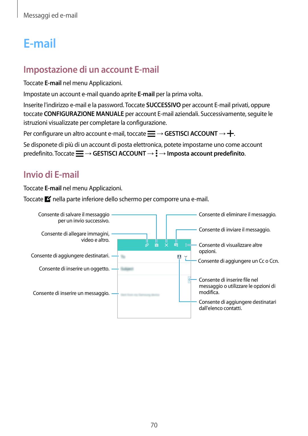 Samsung SM-A700FZWAITV, SM-A700FZKADBT, SM-A700FZWADBT manual Mail, Impostazione di un account E-mail, Invio di E-mail 