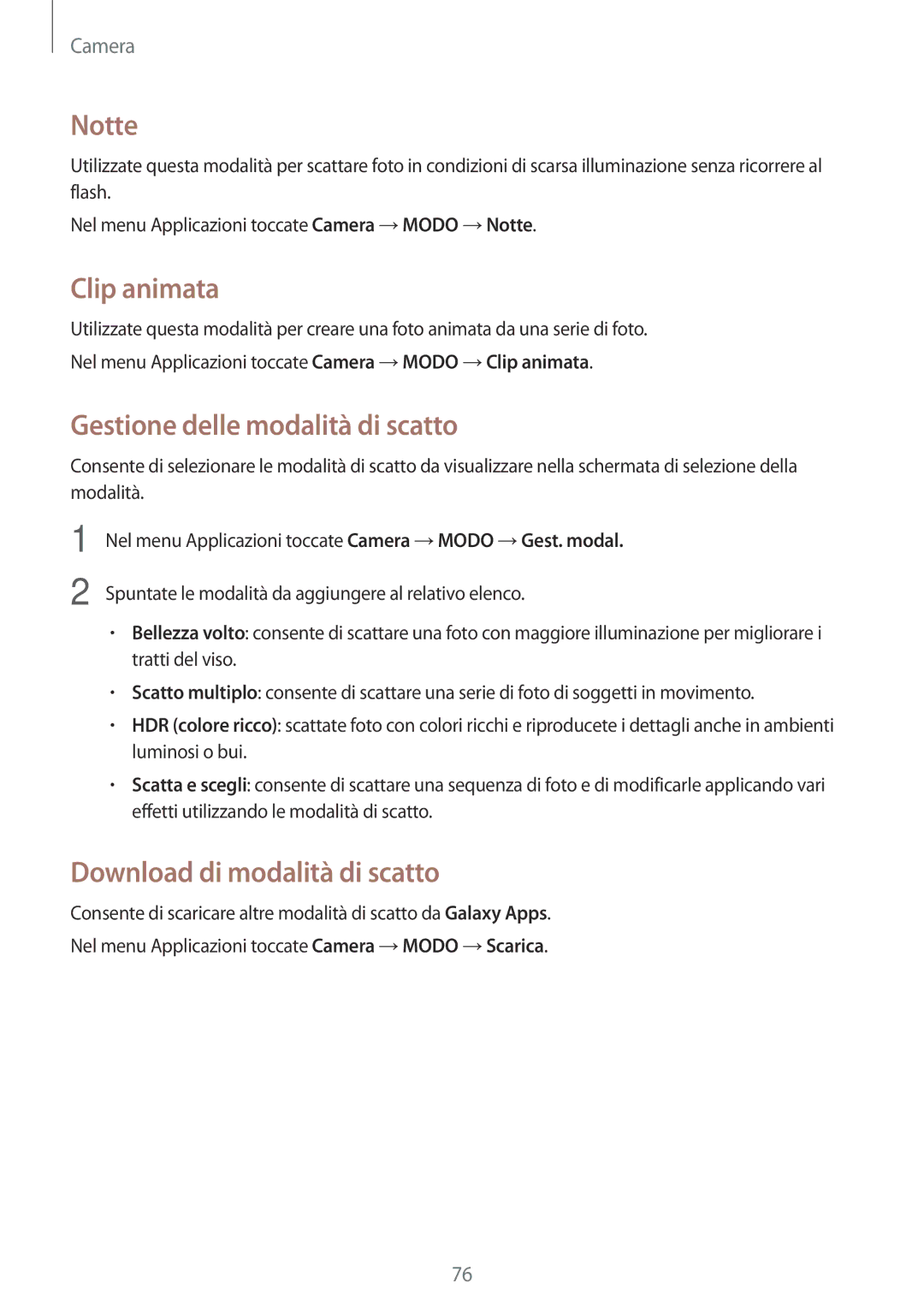 Samsung SM-A700FZKAXEO manual Notte, Clip animata, Gestione delle modalità di scatto, Download di modalità di scatto 