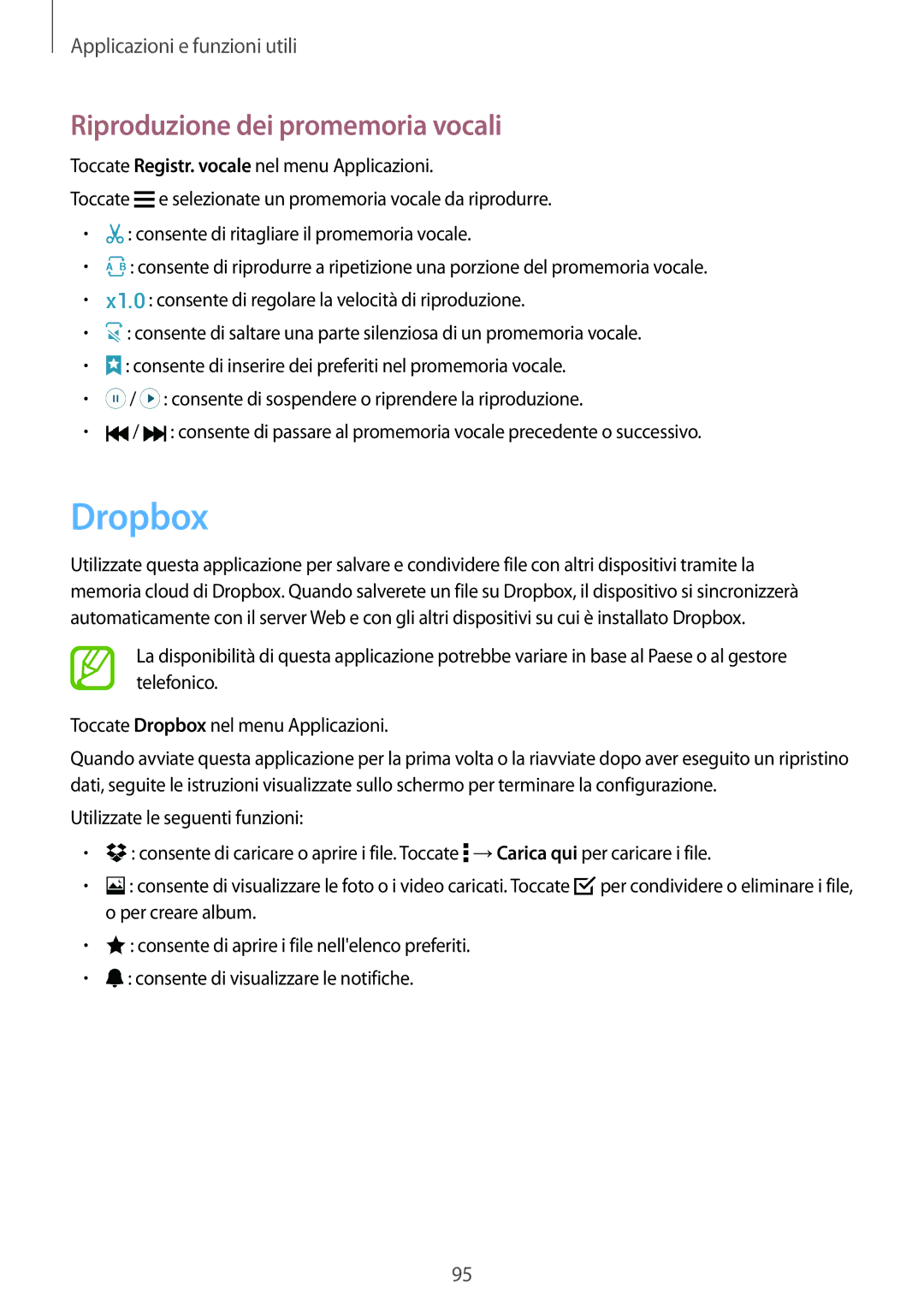 Samsung SM-A700FZKAITV, SM-A700FZKADBT, SM-A700FZWADBT, SM-A700FZWAXEF manual Dropbox, Riproduzione dei promemoria vocali 