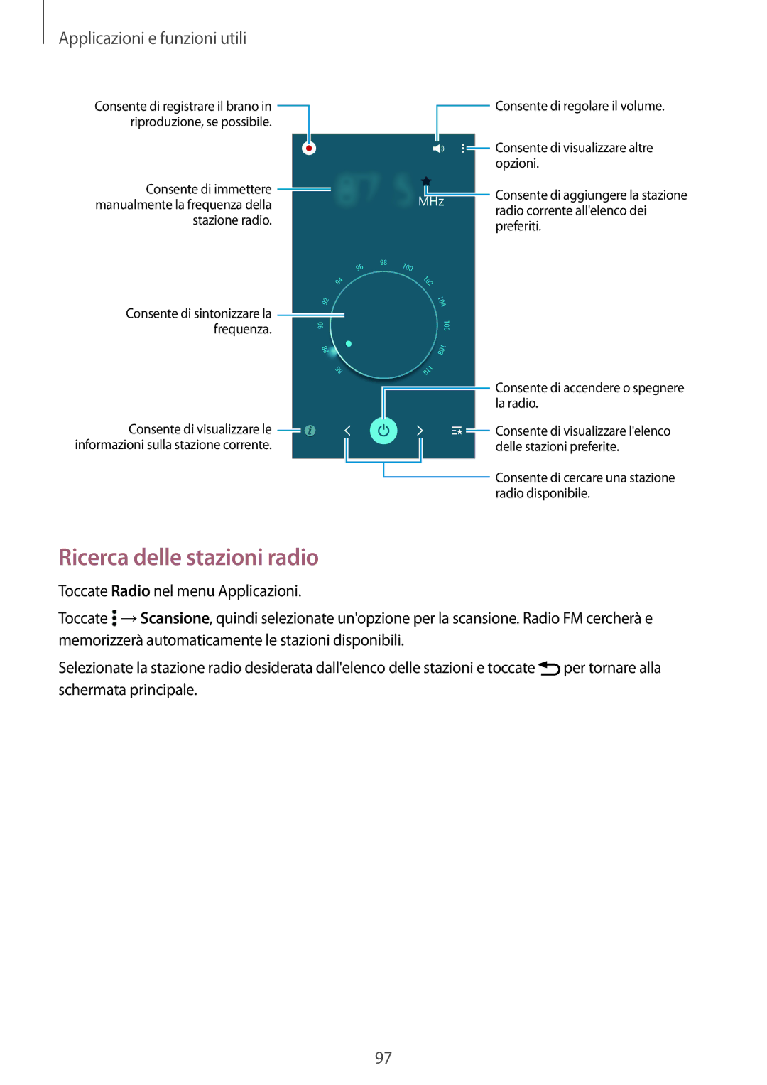 Samsung SM-A700FZWADBT, SM-A700FZKADBT, SM-A700FZWAXEF, SM-A700FZDASEE manual Ricerca delle stazioni radio, Stazione radio 