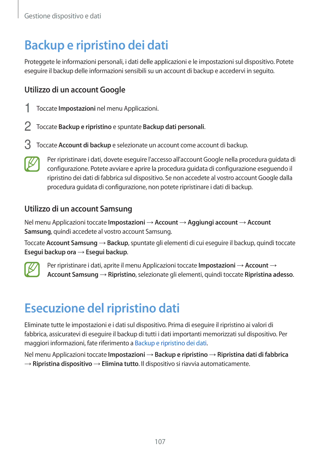 Samsung SM-A700FZDASEE manual Backup e ripristino dei dati, Esecuzione del ripristino dati, Utilizzo di un account Google 