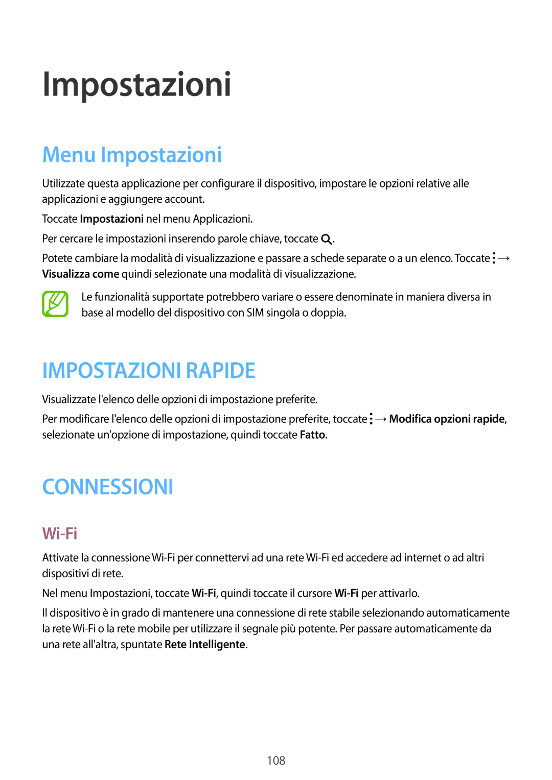 Samsung SM-A700FZKAXEO, SM-A700FZKADBT, SM-A700FZWADBT, SM-A700FZWAXEF, SM-A700FZDASEE manual Menu Impostazioni, Wi-Fi 