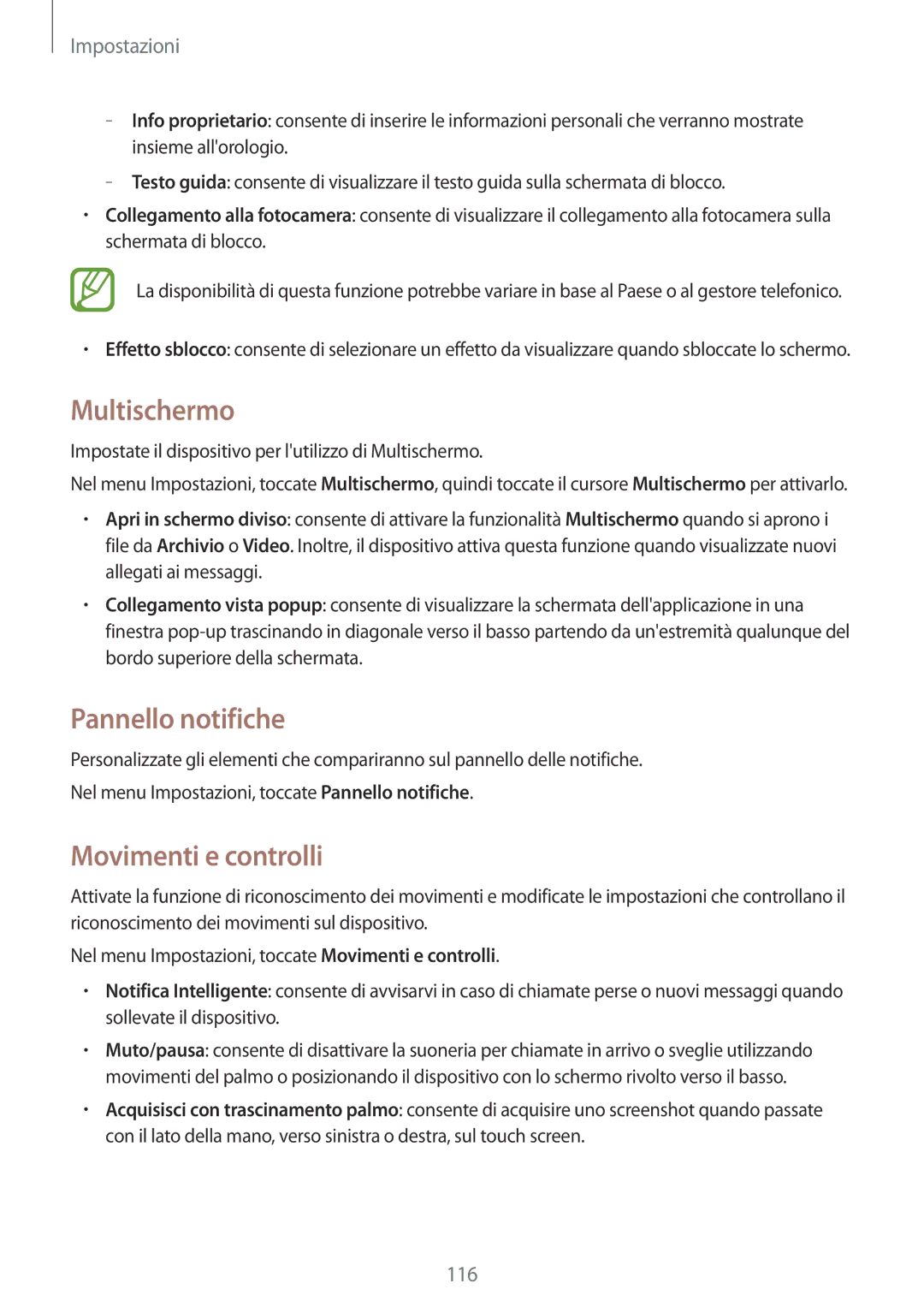 Samsung SM-A700FZKAXEO, SM-A700FZKADBT, SM-A700FZWADBT manual Multischermo, Pannello notifiche, Movimenti e controlli 