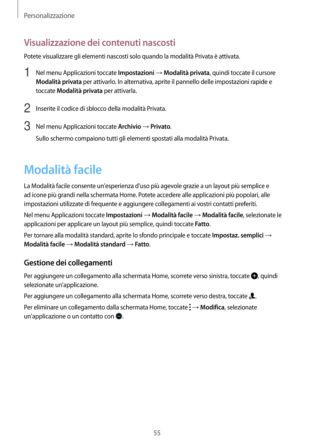 Samsung SM-A700FZKAITV, SM-A700FZKADBT Modalità facile, Visualizzazione dei contenuti nascosti, Gestione dei collegamenti 