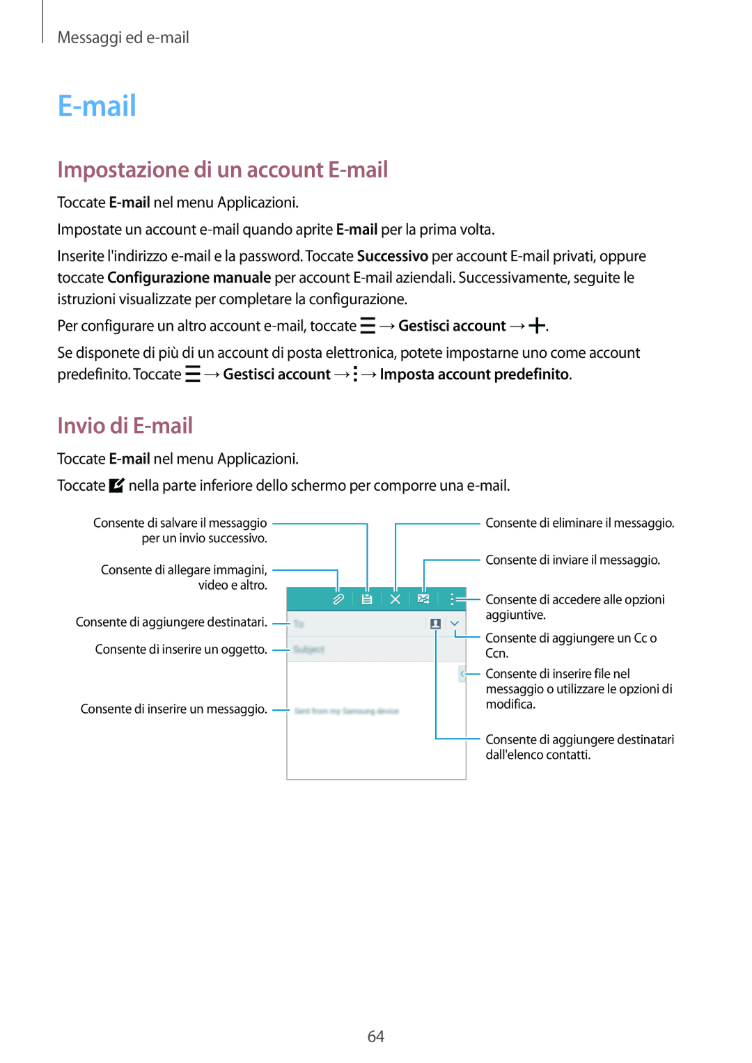 Samsung SM-A700FZKADBT, SM-A700FZWADBT, SM-A700FZWAXEF manual Mail, Impostazione di un account E-mail, Invio di E-mail 