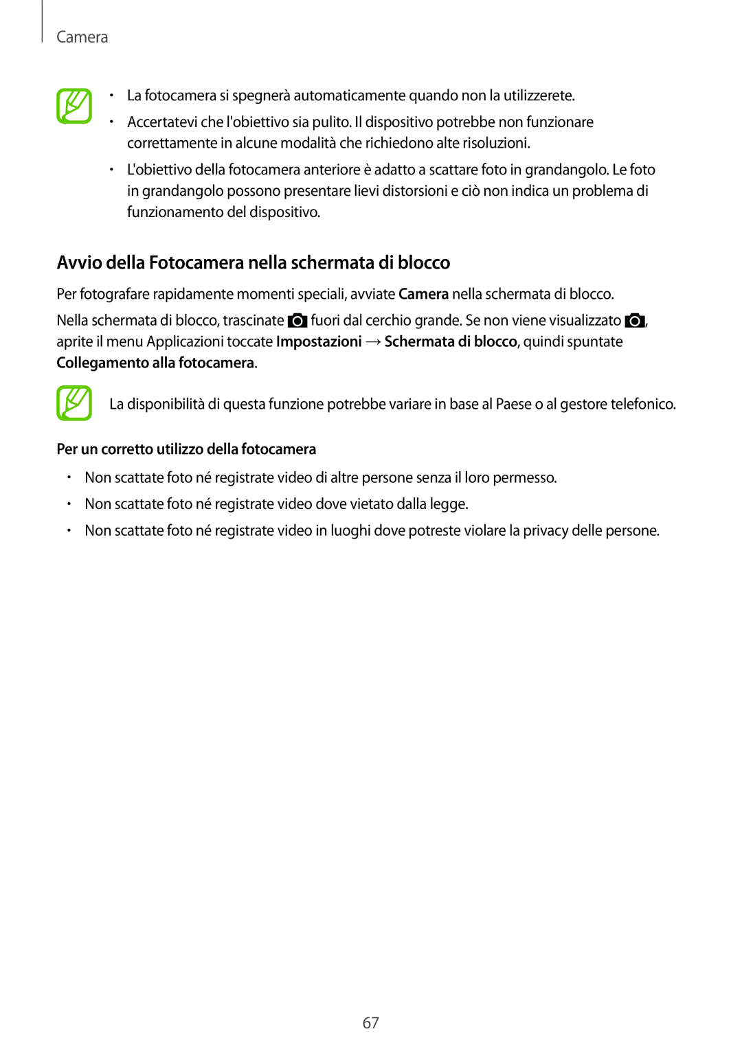 Samsung SM-A700FZDASEE manual Avvio della Fotocamera nella schermata di blocco, Per un corretto utilizzo della fotocamera 