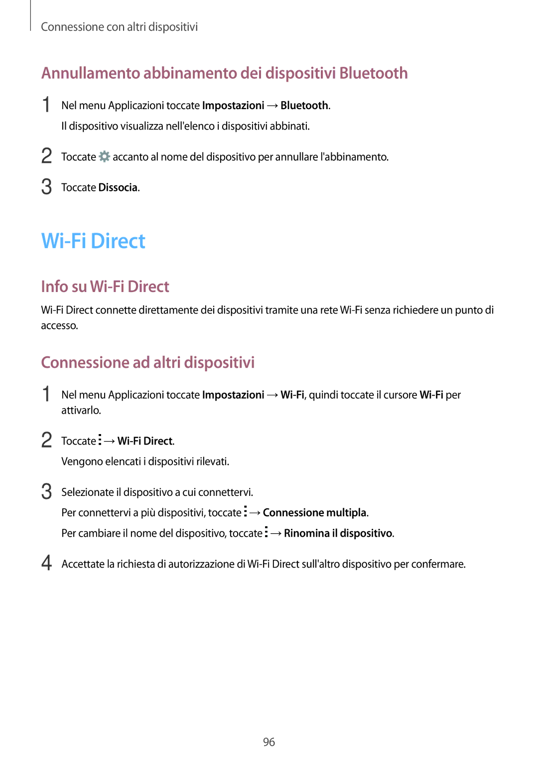 Samsung SM-A700FZKADBT Annullamento abbinamento dei dispositivi Bluetooth, Info su Wi-Fi Direct, Toccate →Wi-Fi Direct 