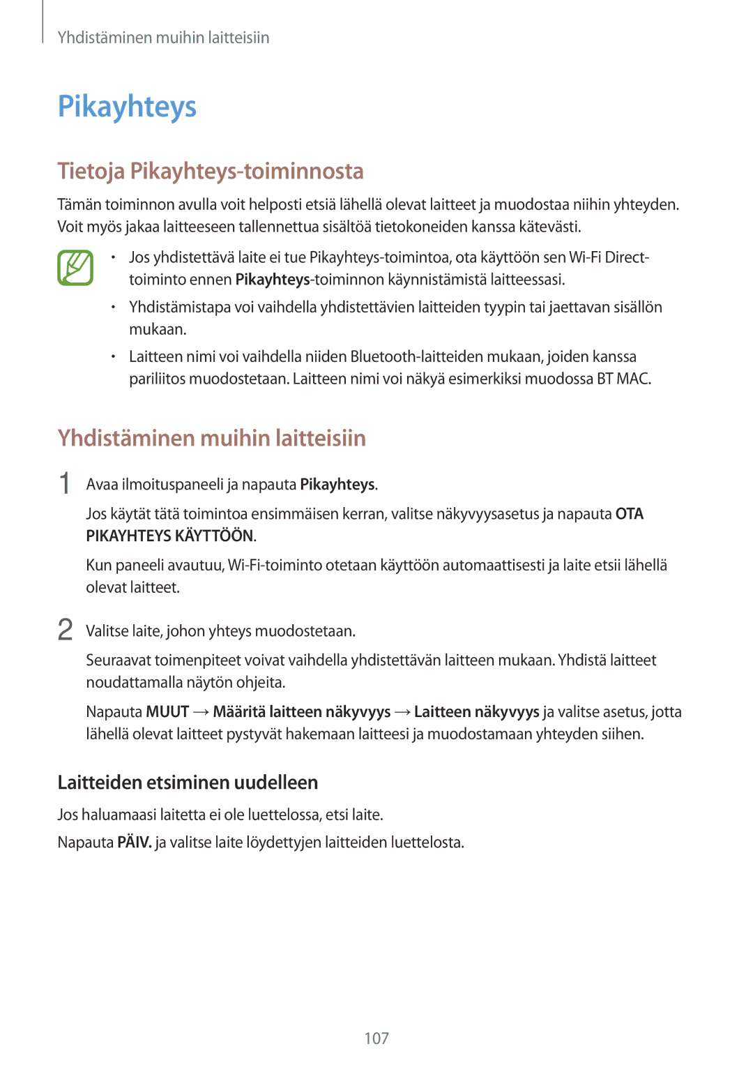 Samsung SM-A700FZWANEE, SM-A700FZKANEE, SM-A700FZDANEE Tietoja Pikayhteys-toiminnosta, Laitteiden etsiminen uudelleen 