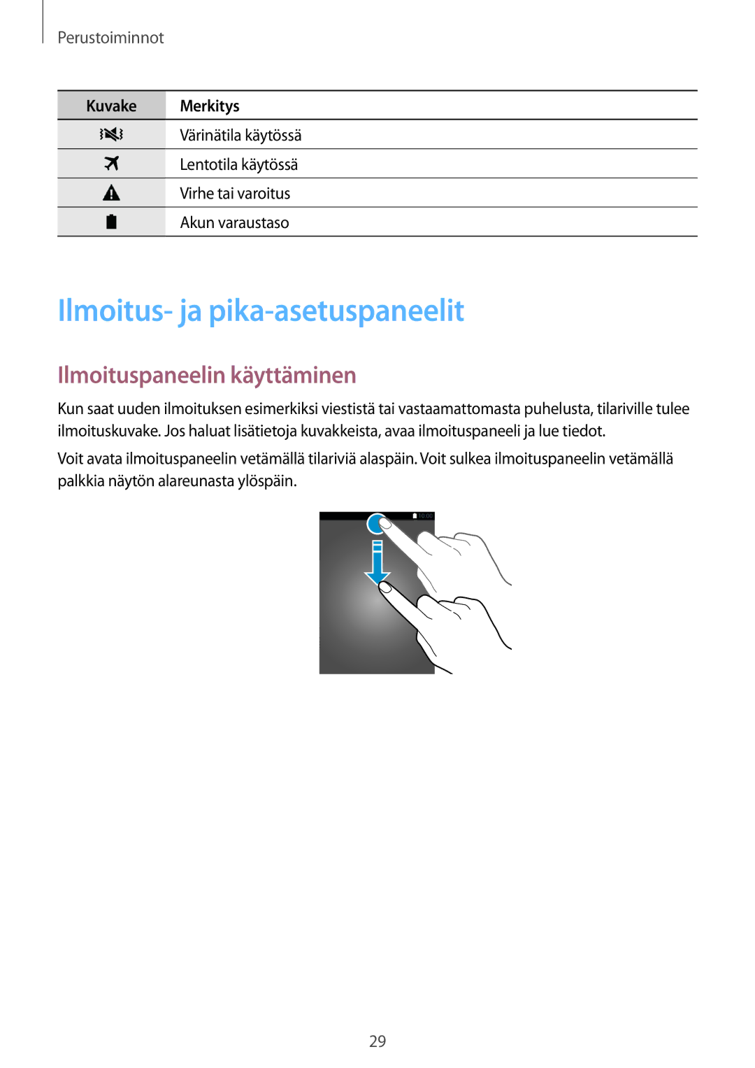 Samsung SM-A700FZWANEE, SM-A700FZKANEE, SM-A700FZDANEE manual Ilmoitus- ja pika-asetuspaneelit, Ilmoituspaneelin käyttäminen 