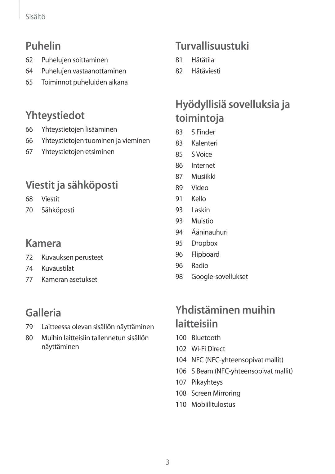 Samsung SM-A700FZKANEE Viestit 70 Sähköposti, Kuvauksen perusteet Kuvaustilat Kameran asetukset, 81 Hätätila 82 Hätäviesti 