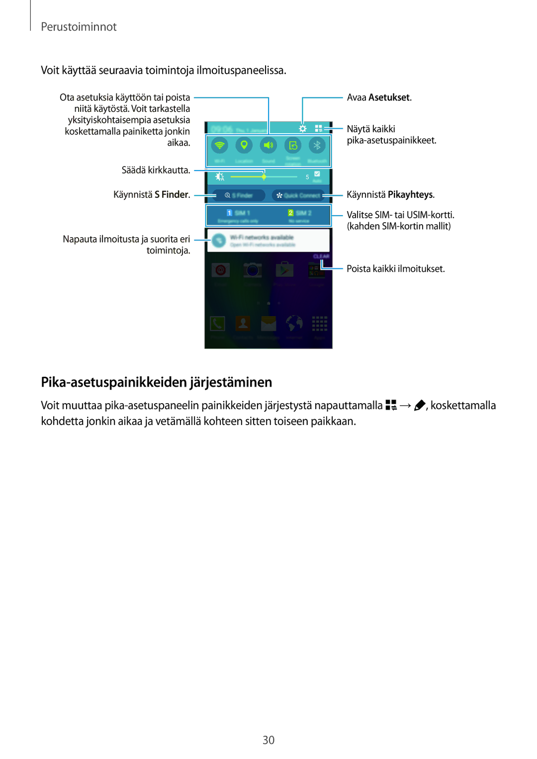 Samsung SM-A700FZKANEE manual Pika-asetuspainikkeiden järjestäminen, Voit käyttää seuraavia toimintoja ilmoituspaneelissa 