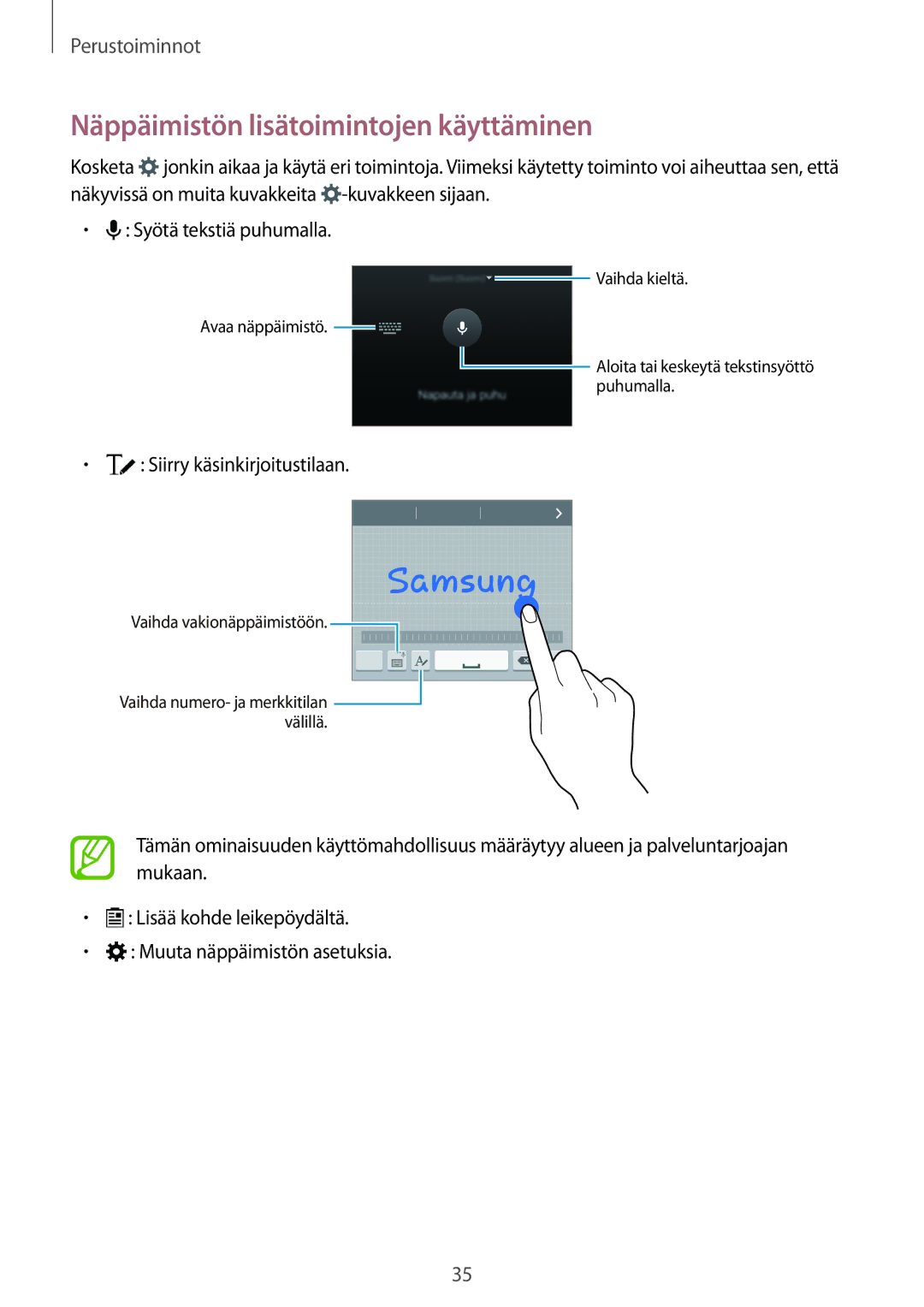 Samsung SM-A700FZWANEE, SM-A700FZKANEE manual Näppäimistön lisätoimintojen käyttäminen, Siirry käsinkirjoitustilaan 