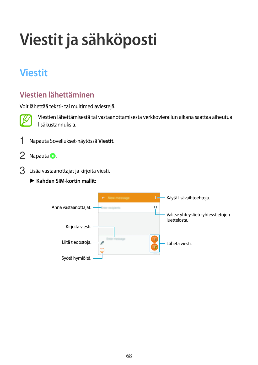 Samsung SM-A700FZWANEE, SM-A700FZKANEE Viestit ja sähköposti, Viestien lähettäminen, Napauta, Kahden SIM-kortin mallit 