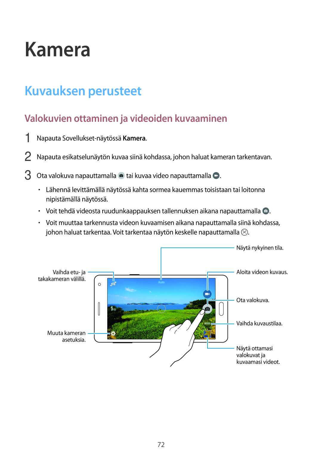 Samsung SM-A700FZKANEE, SM-A700FZDANEE manual Kamera, Kuvauksen perusteet, Valokuvien ottaminen ja videoiden kuvaaminen 