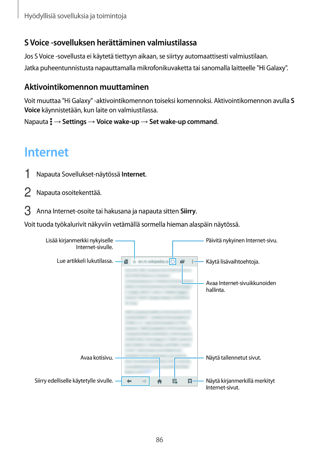 Samsung SM-A700FZWANEE manual Internet, Voice -sovelluksen herättäminen valmiustilassa, Aktivointikomennon muuttaminen 