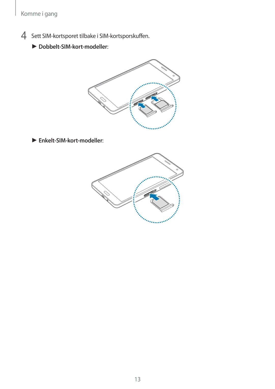 Samsung SM-A700FZDANEE, SM-A700FZKANEE, SM-A700FZWANEE manual Sett SIM-kortsporet tilbake i SIM-kortsporskuffen 