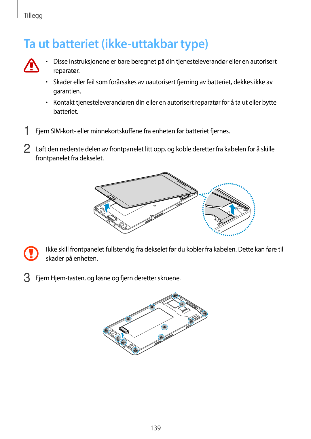 Samsung SM-A700FZDANEE, SM-A700FZKANEE, SM-A700FZWANEE manual Ta ut batteriet ikke-uttakbar type 