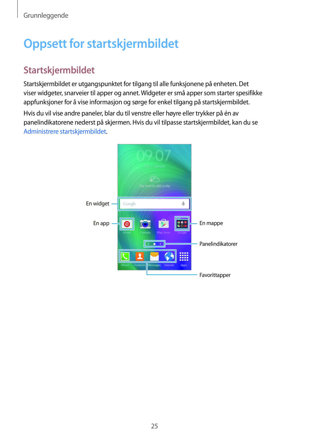 Samsung SM-A700FZDANEE, SM-A700FZKANEE, SM-A700FZWANEE manual Oppsett for startskjermbildet, Startskjermbildet 