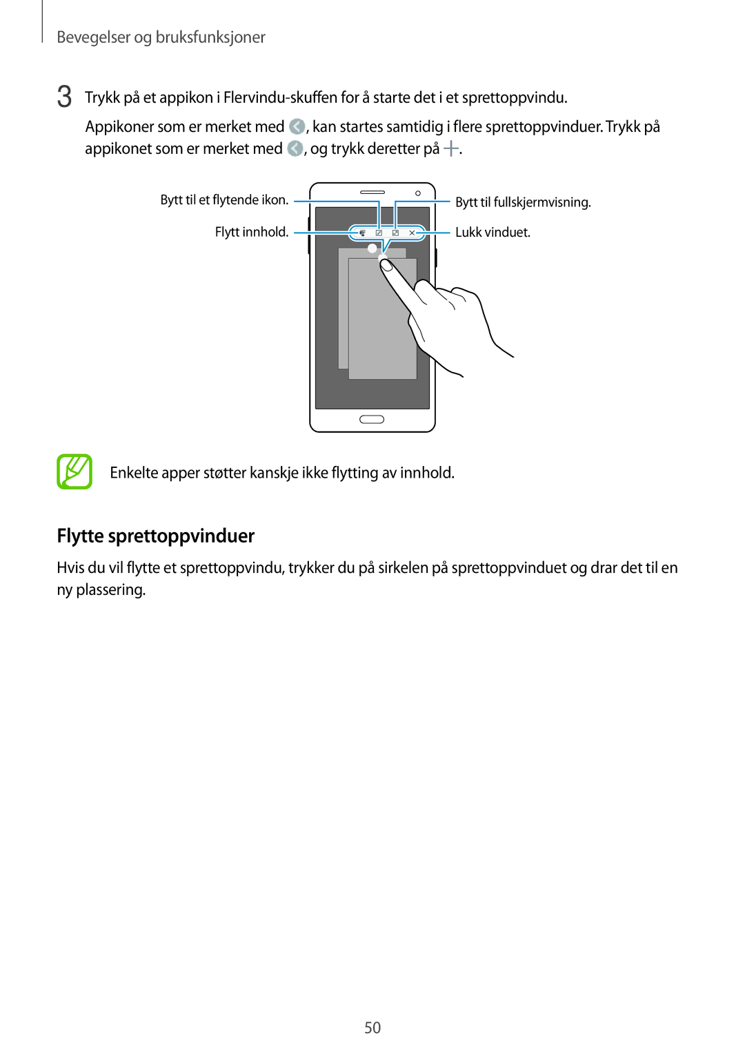 Samsung SM-A700FZWANEE, SM-A700FZKANEE Flytte sprettoppvinduer, Enkelte apper støtter kanskje ikke flytting av innhold 