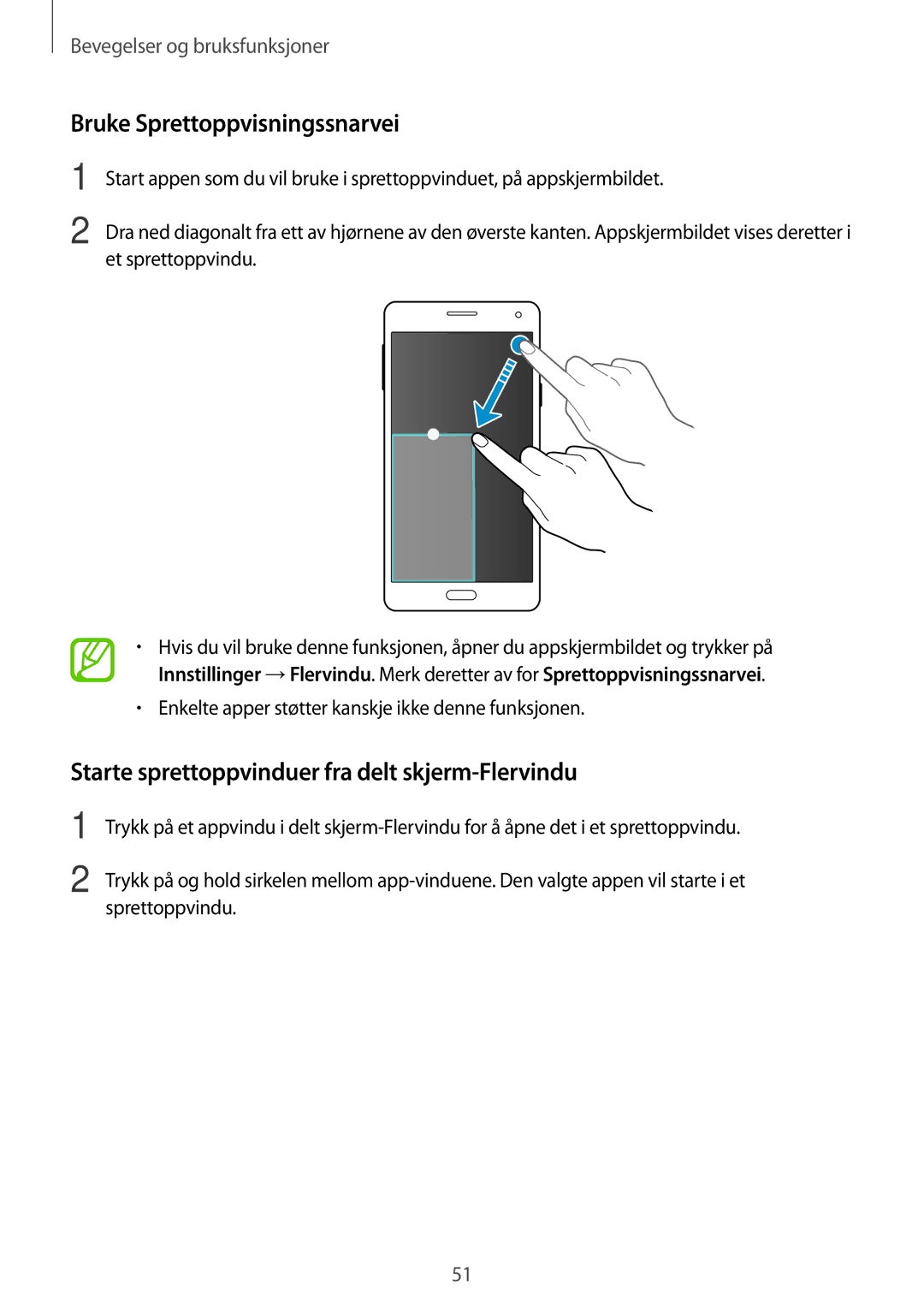 Samsung SM-A700FZKANEE, SM-A700FZDANEE Bruke Sprettoppvisningssnarvei, Starte sprettoppvinduer fra delt skjerm-Flervindu 