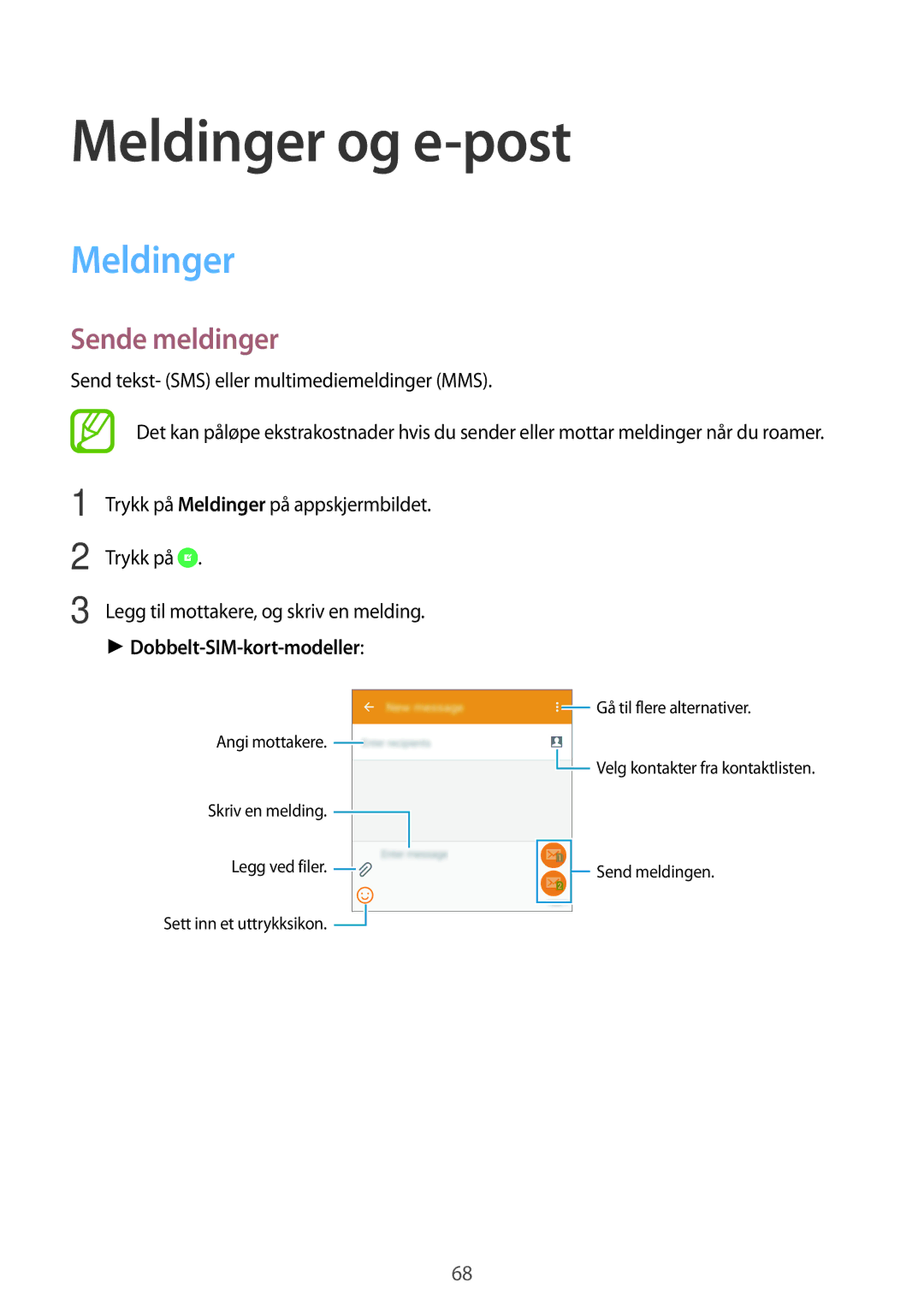 Samsung SM-A700FZWANEE, SM-A700FZKANEE manual Meldinger og e-post, Sende meldinger, Trykk på, Dobbelt-SIM-kort-modeller 