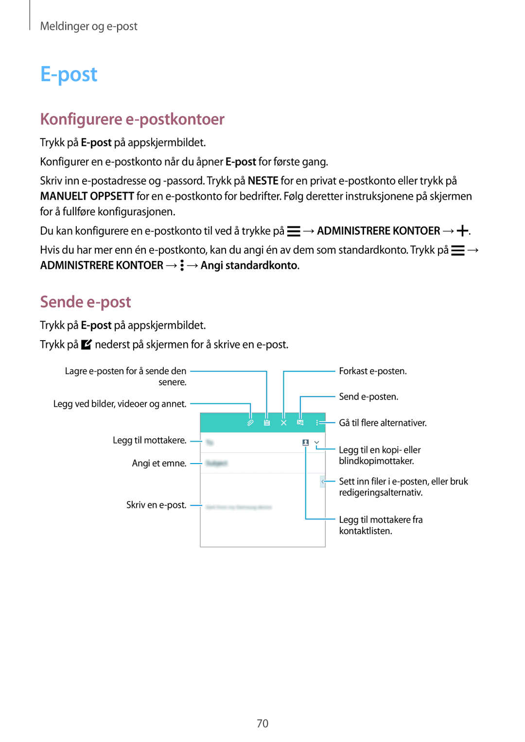 Samsung SM-A700FZDANEE, SM-A700FZKANEE Post, Konfigurere e-postkontoer, Sende e-post, Trykk på E-postpå appskjermbildet 