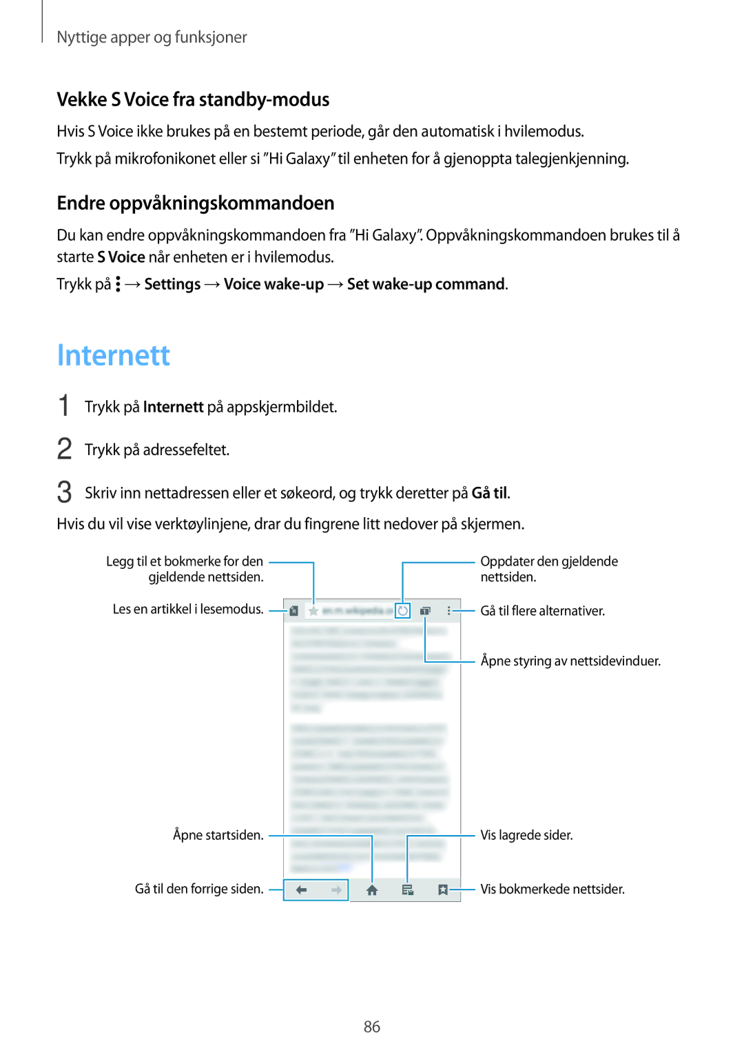 Samsung SM-A700FZWANEE, SM-A700FZKANEE manual Internett, Vekke S Voice fra standby-modus, Endre oppvåkningskommandoen 