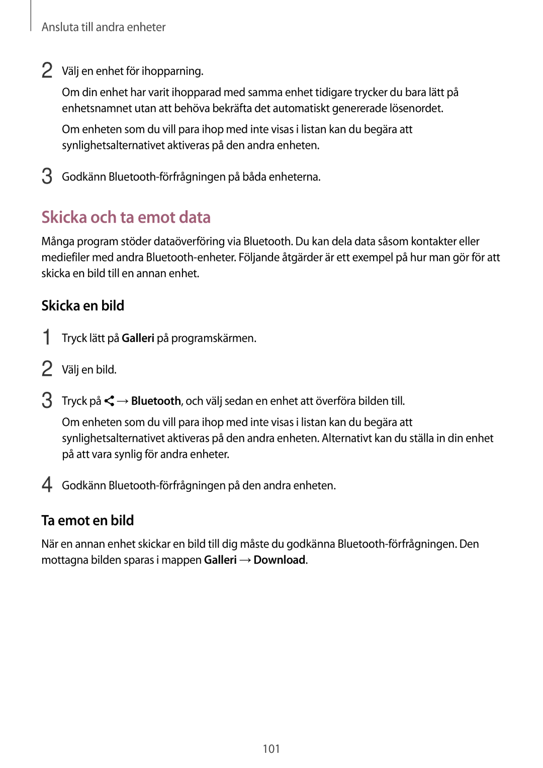 Samsung SM-A700FZWANEE manual Skicka och ta emot data, Skicka en bild, Ta emot en bild, Välj en enhet för ihopparning 