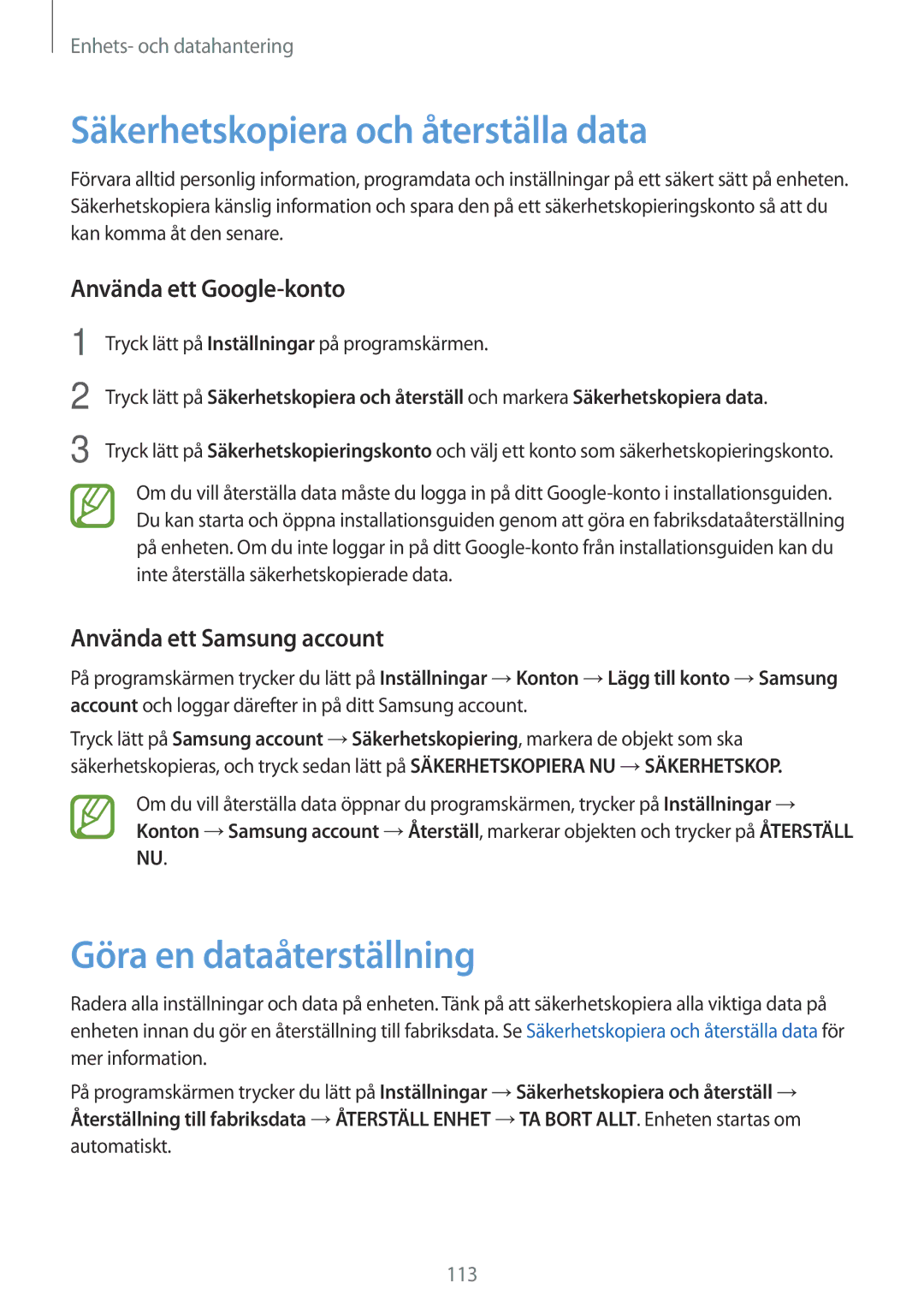 Samsung SM-A700FZWANEE manual Säkerhetskopiera och återställa data, Göra en dataåterställning, Använda ett Google-konto 