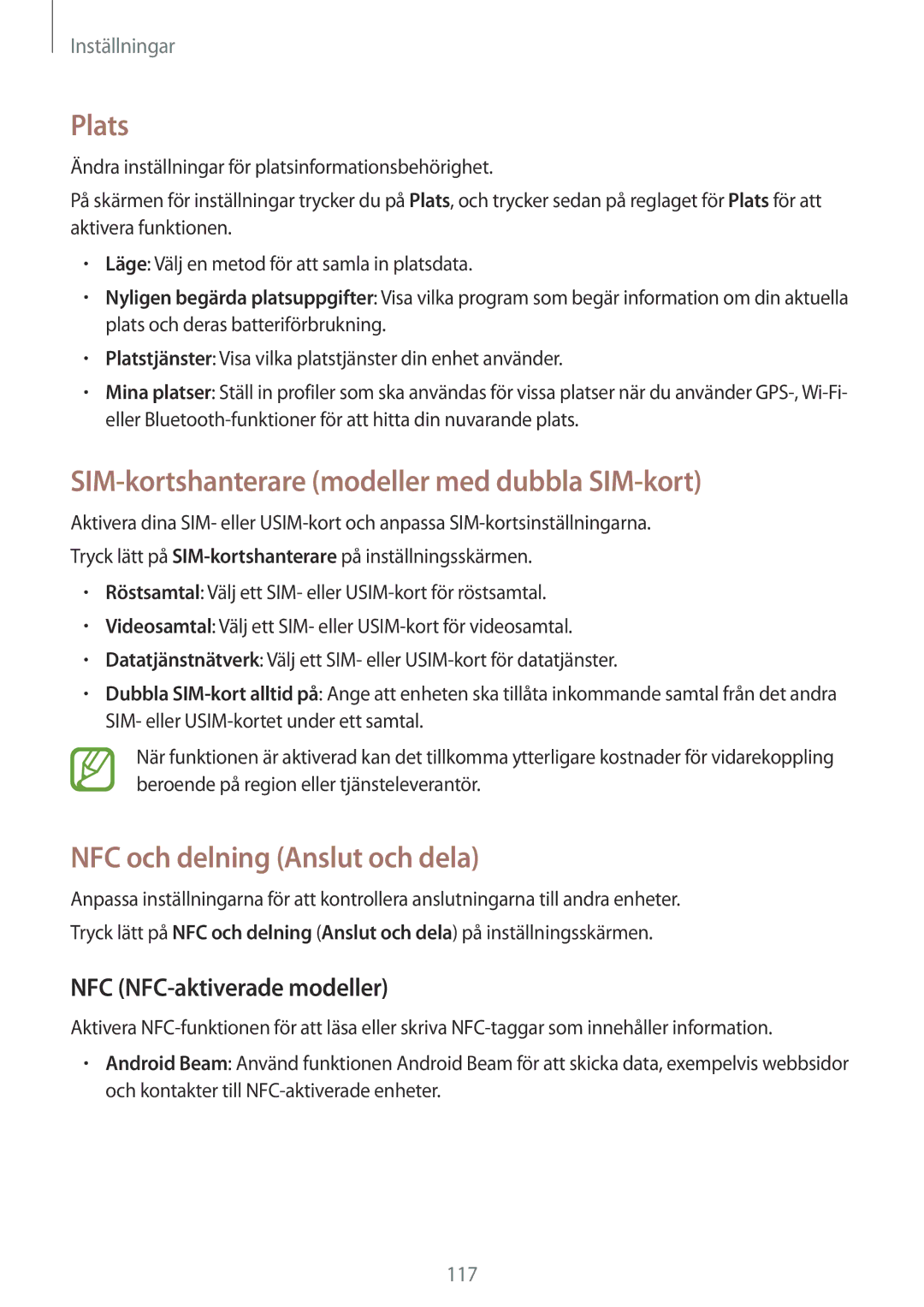 Samsung SM-A700FZKANEE manual Plats, SIM-kortshanterare modeller med dubbla SIM-kort, NFC och delning Anslut och dela 