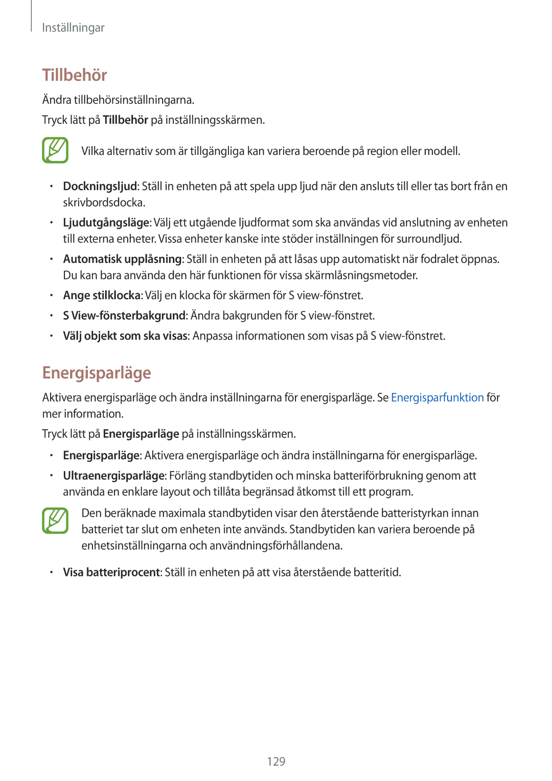 Samsung SM-A700FZKANEE, SM-A700FZDANEE, SM-A700FZWANEE manual Tillbehör, Energisparläge 