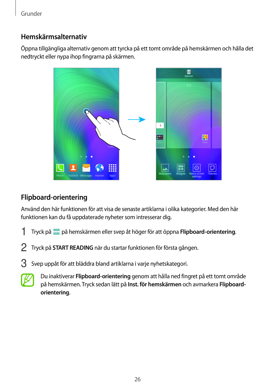 Samsung SM-A700FZWANEE, SM-A700FZKANEE, SM-A700FZDANEE manual Hemskärmsalternativ, Flipboard-orientering 