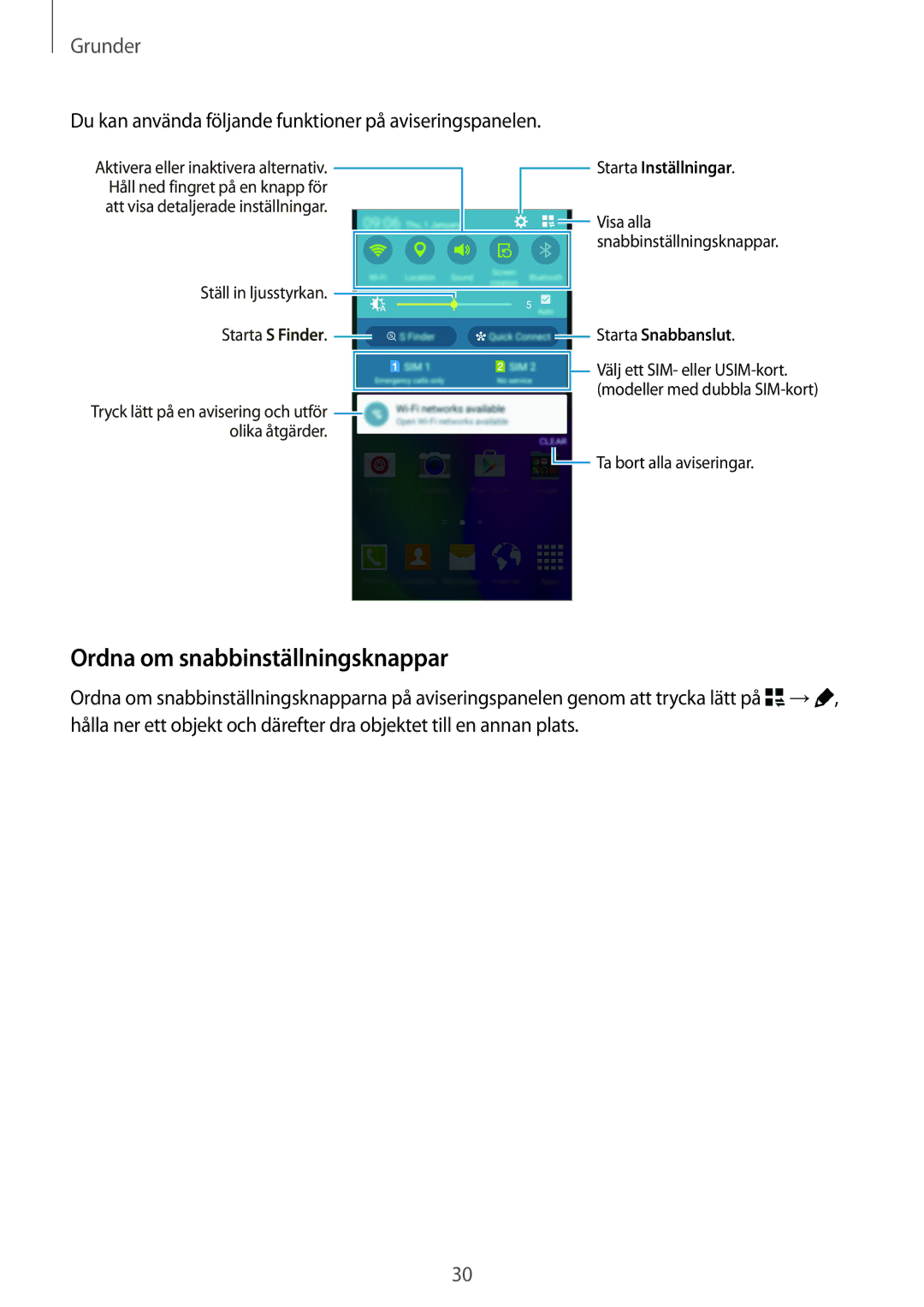 Samsung SM-A700FZKANEE manual Ordna om snabbinställningsknappar, Du kan använda följande funktioner på aviseringspanelen 