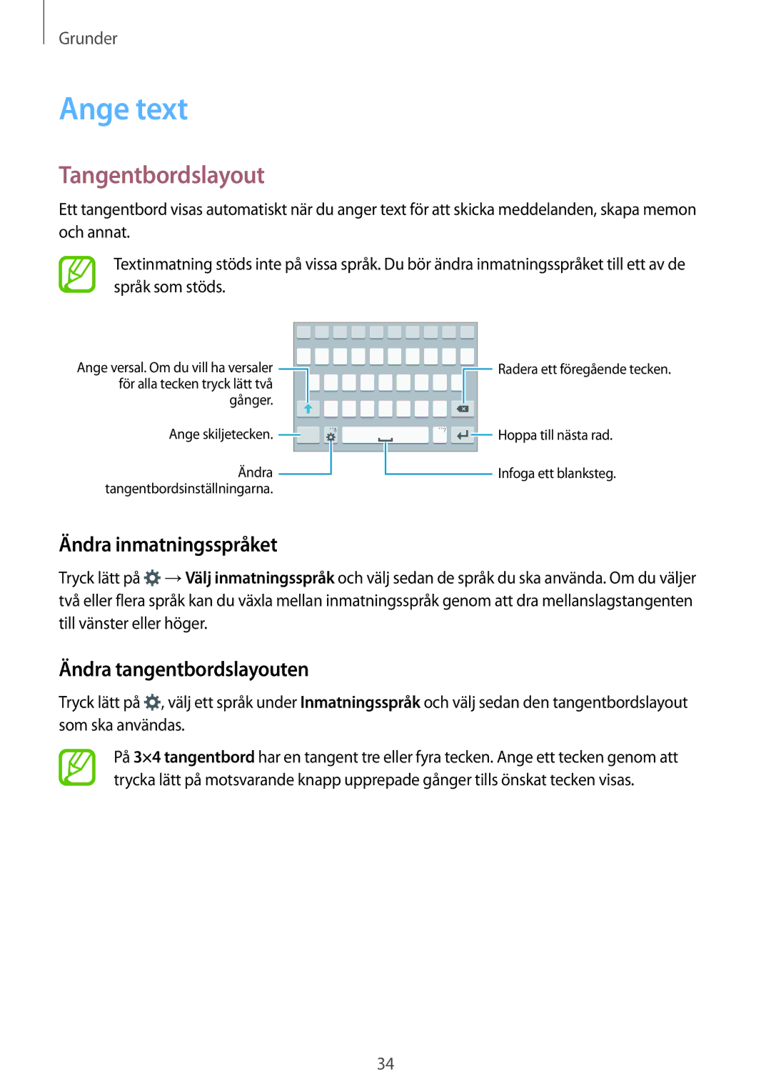 Samsung SM-A700FZDANEE, SM-A700FZKANEE Ange text, Tangentbordslayout, Ändra inmatningsspråket, Ändra tangentbordslayouten 