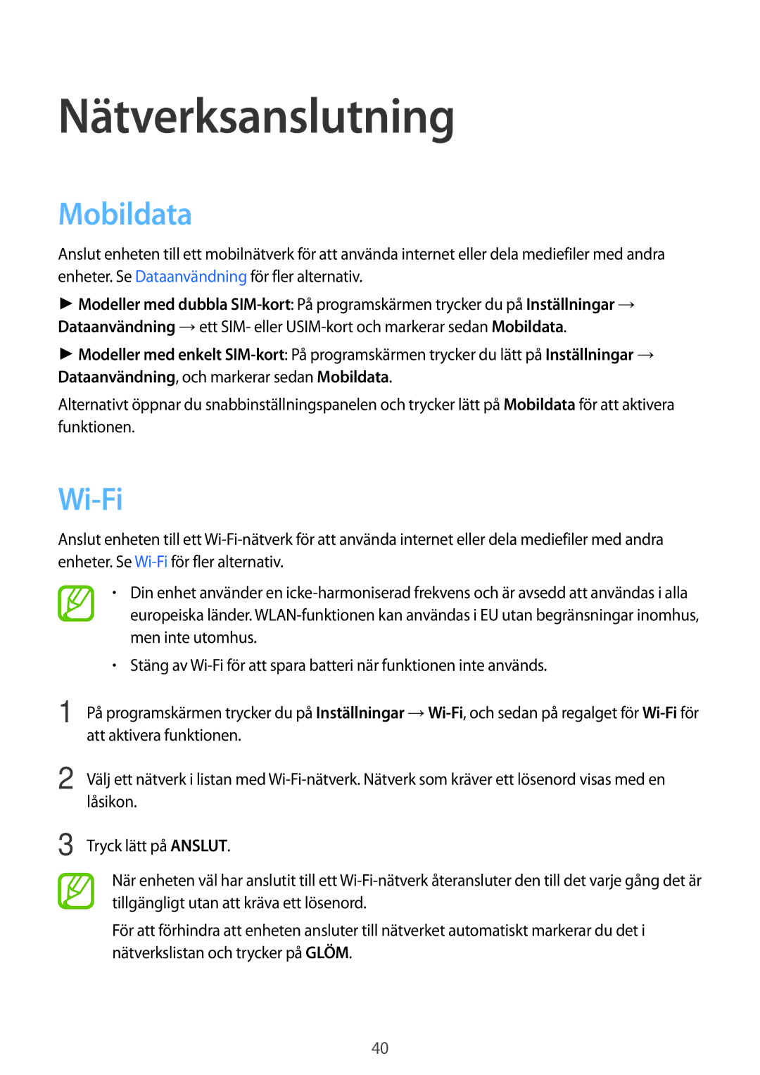 Samsung SM-A700FZDANEE, SM-A700FZKANEE, SM-A700FZWANEE manual Nätverksanslutning, Mobildata, Wi-Fi 