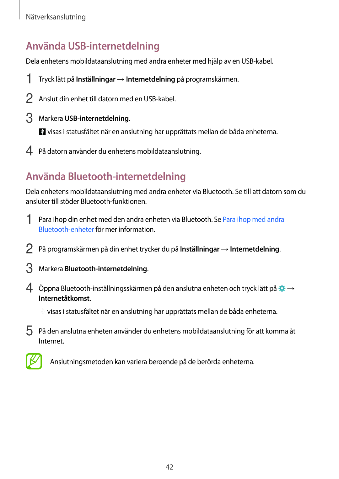 Samsung SM-A700FZKANEE manual Använda USB-internetdelning, Använda Bluetooth-internetdelning, Markera USB-internetdelning 