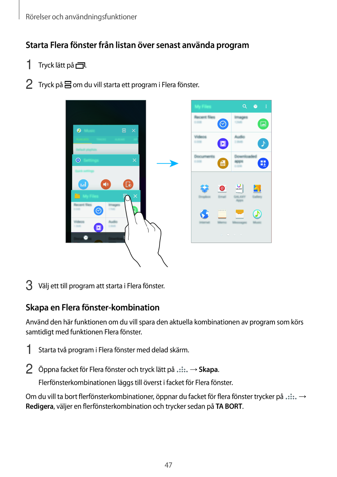 Samsung SM-A700FZWANEE Starta Flera fönster från listan över senast använda program, Skapa en Flera fönster-kombination 