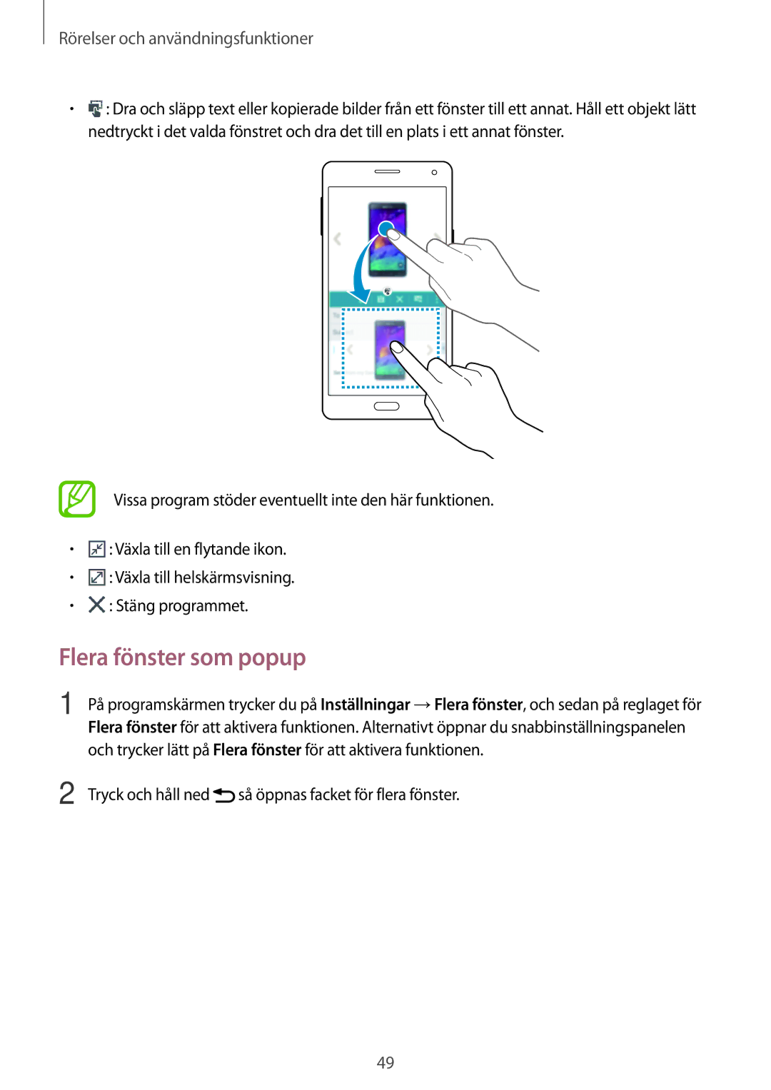 Samsung SM-A700FZDANEE, SM-A700FZKANEE manual Flera fönster som popup, Tryck och håll ned så öppnas facket för flera fönster 