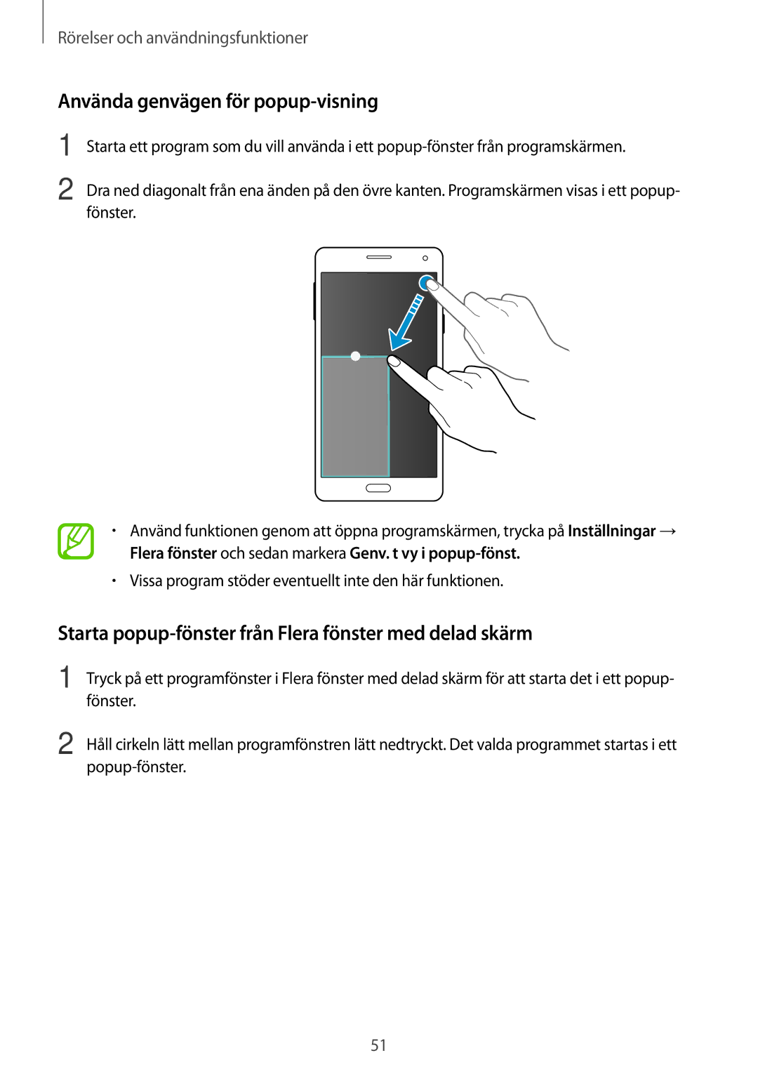 Samsung SM-A700FZKANEE manual Använda genvägen för popup-visning, Starta popup-fönster från Flera fönster med delad skärm 