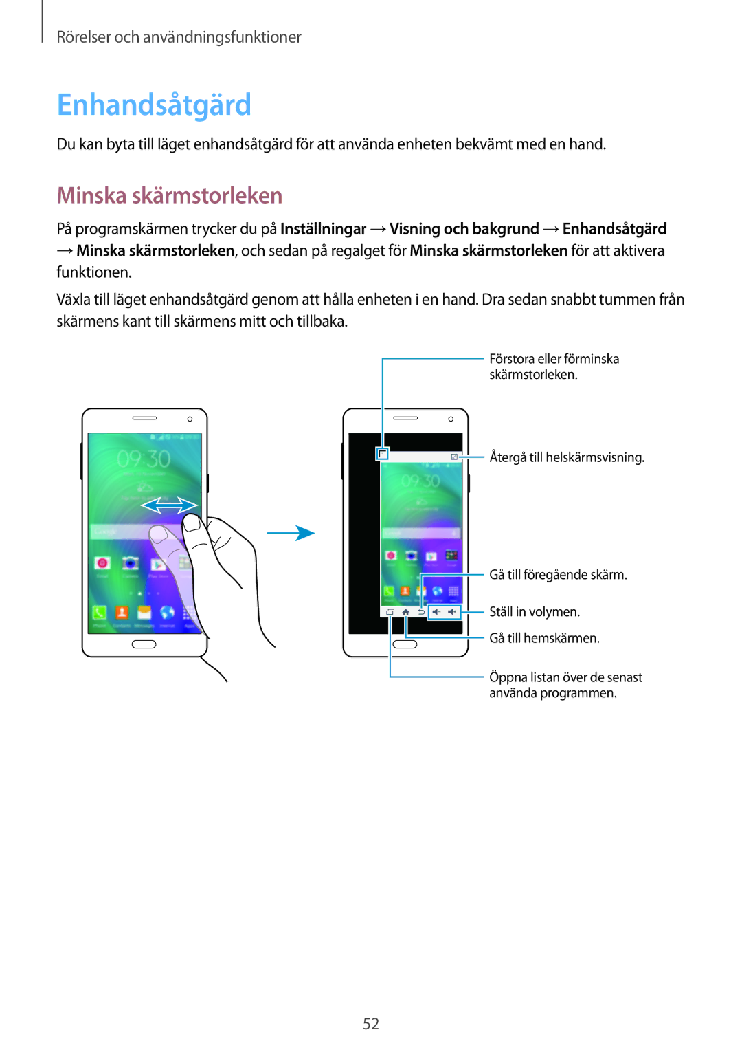 Samsung SM-A700FZDANEE, SM-A700FZKANEE, SM-A700FZWANEE manual Enhandsåtgärd, Minska skärmstorleken 