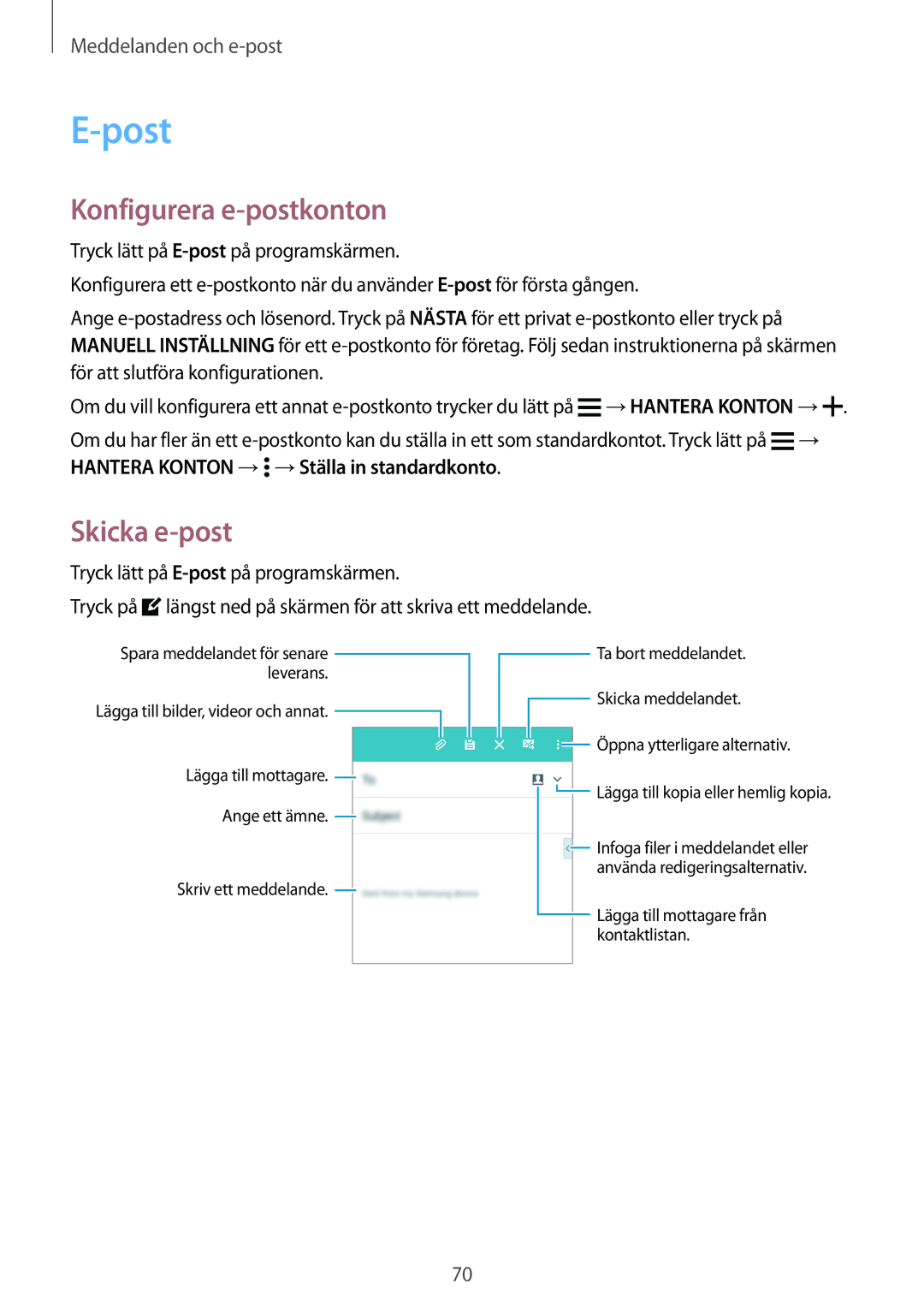 Samsung SM-A700FZDANEE, SM-A700FZKANEE, SM-A700FZWANEE manual Post, Konfigurera e-postkonton, Skicka e-post 