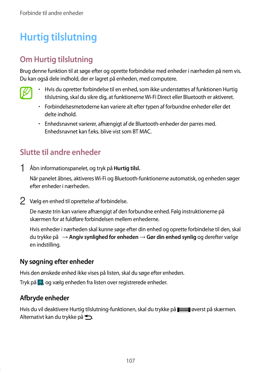 Samsung SM-A700FZWANEE, SM-A700FZKANEE, SM-A700FZDANEE Om Hurtig tilslutning, Ny søgning efter enheder, Afbryde enheder 