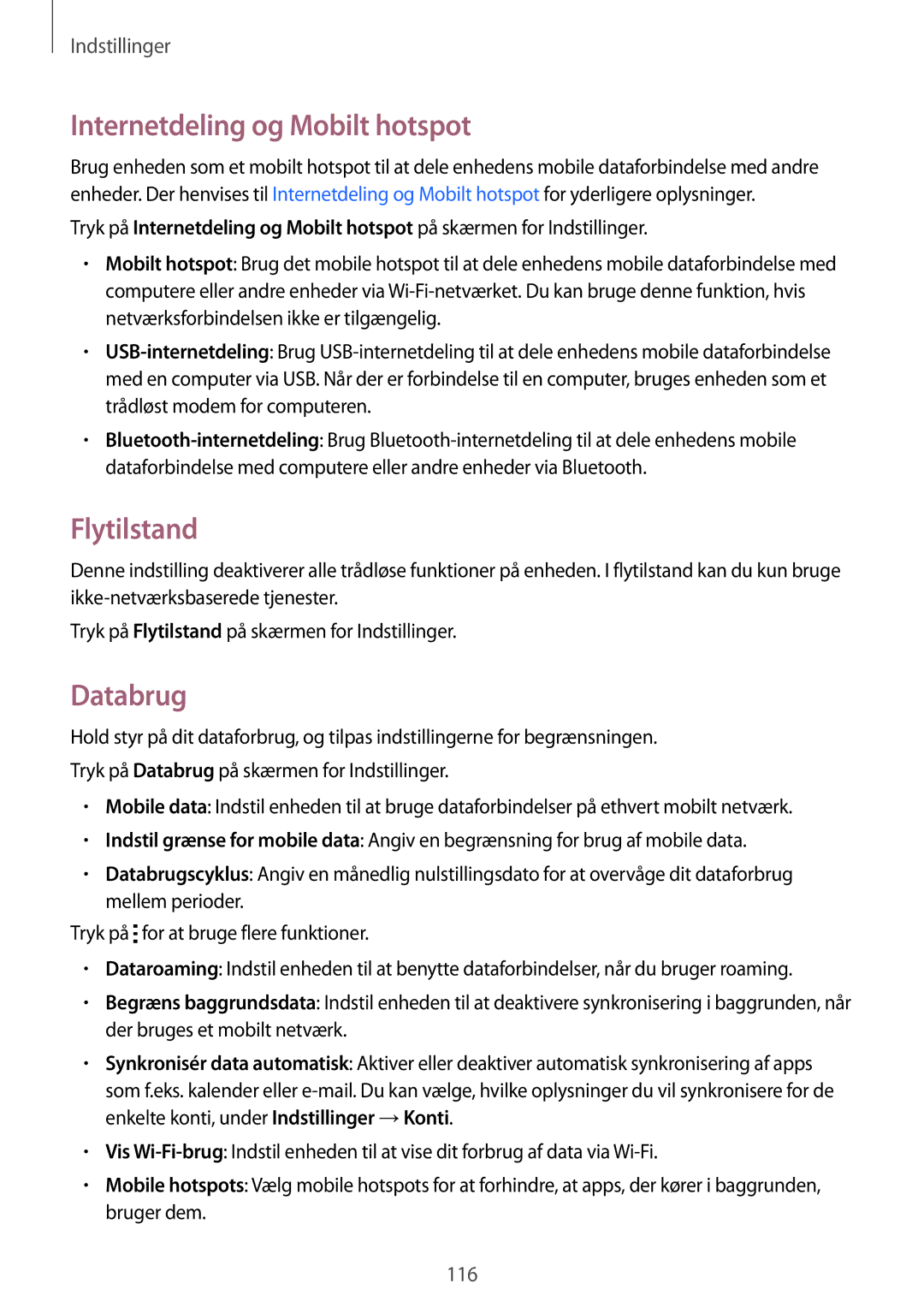 Samsung SM-A700FZWANEE, SM-A700FZKANEE, SM-A700FZDANEE manual Internetdeling og Mobilt hotspot, Flytilstand, Databrug 
