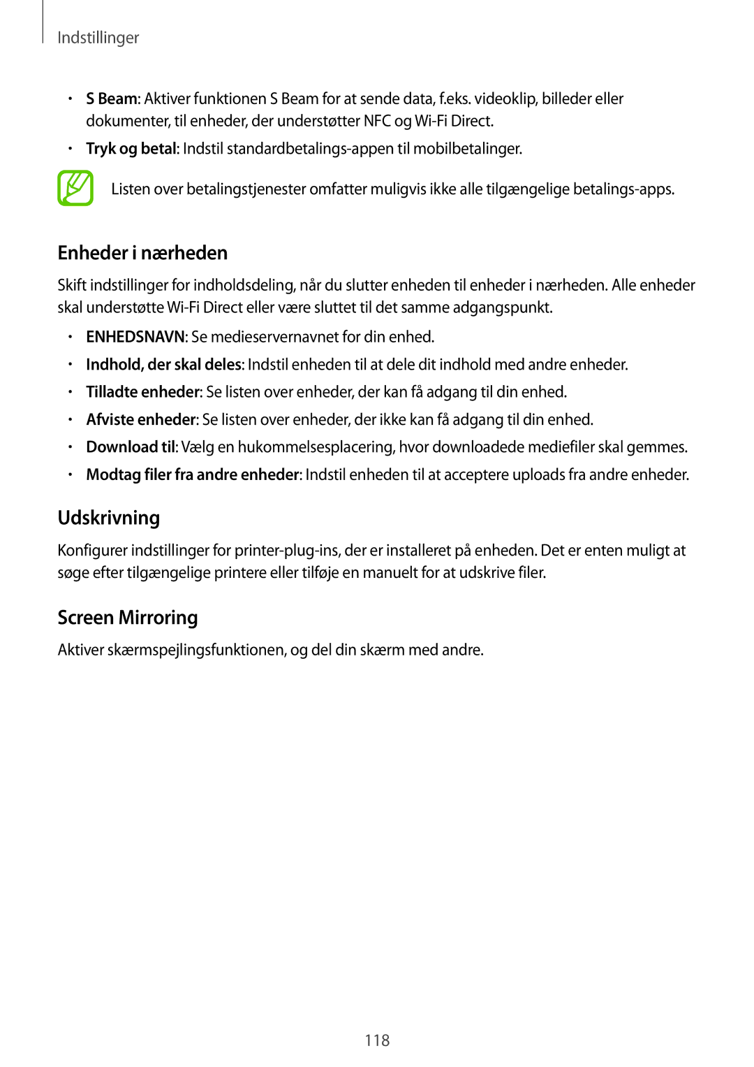 Samsung SM-A700FZDANEE, SM-A700FZKANEE, SM-A700FZWANEE manual Enheder i nærheden, Udskrivning, Screen Mirroring 