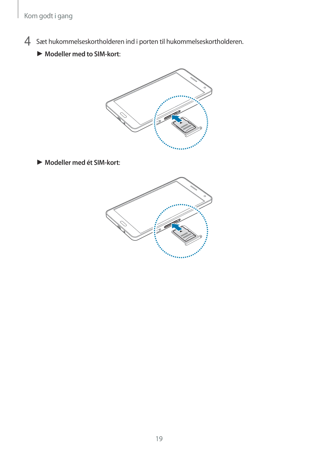 Samsung SM-A700FZDANEE, SM-A700FZKANEE, SM-A700FZWANEE manual Modeller med to SIM-kort Modeller med ét SIM-kort 