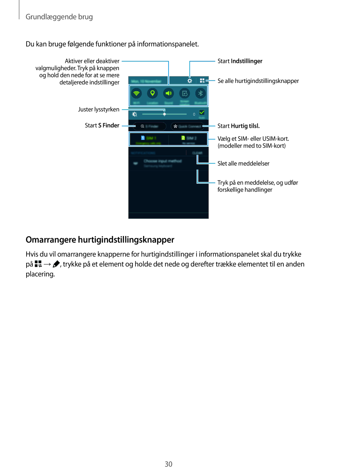 Samsung SM-A700FZKANEE Omarrangere hurtigindstillingsknapper, Du kan bruge følgende funktioner på informationspanelet 