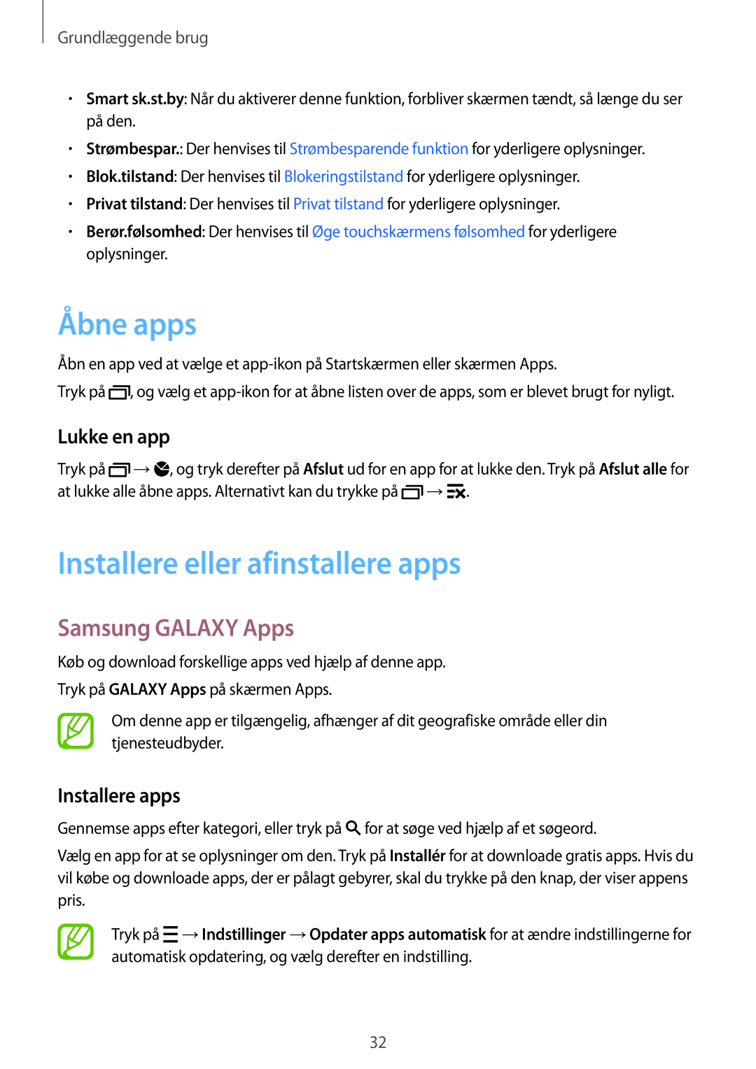 Samsung SM-A700FZWANEE Åbne apps, Installere eller afinstallere apps, Samsung Galaxy Apps, Lukke en app, Installere apps 